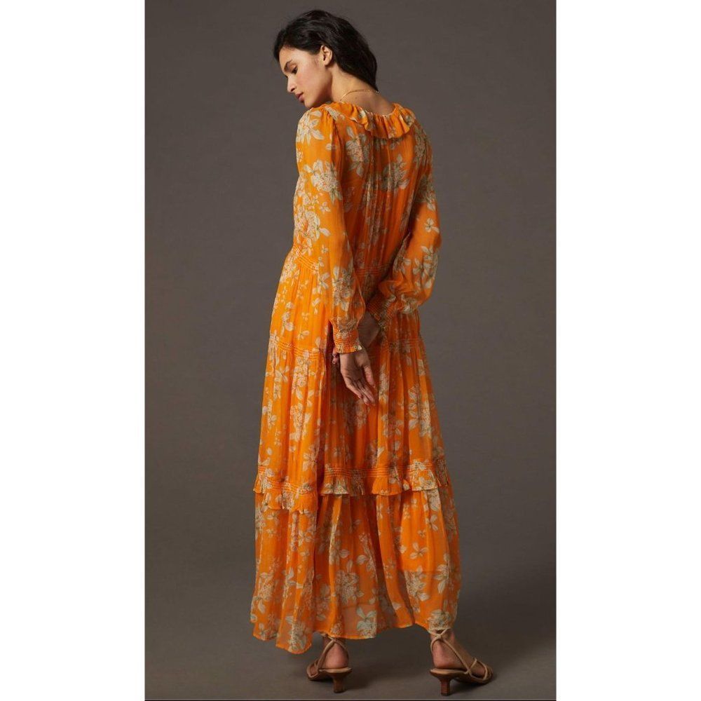Anthropologie The Marais Printed Chiffon Maxi Dress in Orange Motif, NWT XS - Picture 4 of 8